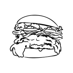Burger black outline sketch. Vintage style. Vector illustration.
