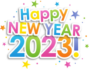Colorful HAPPY NEW YEAR 2023! icon with stars on transparent background