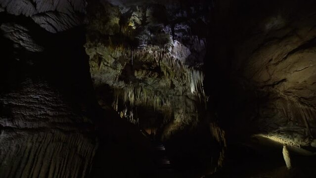 Stalactites and stalagnites in Prometheus Cave, Georgia.