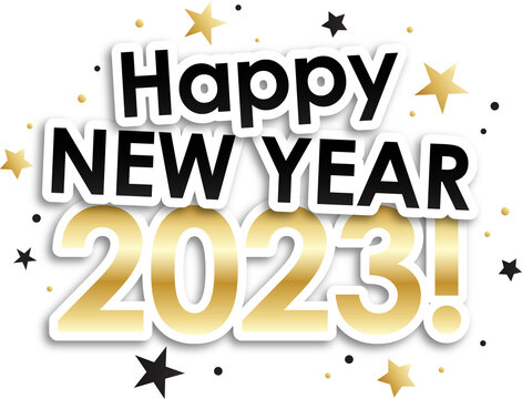 Black and metallic gold HAPPY NEW YEAR 2023! icon with stars on transparent background