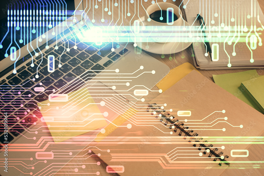 Poster Multi exposure of technology theme drawing and desktop with coffee and items on table background. Concept of data research.