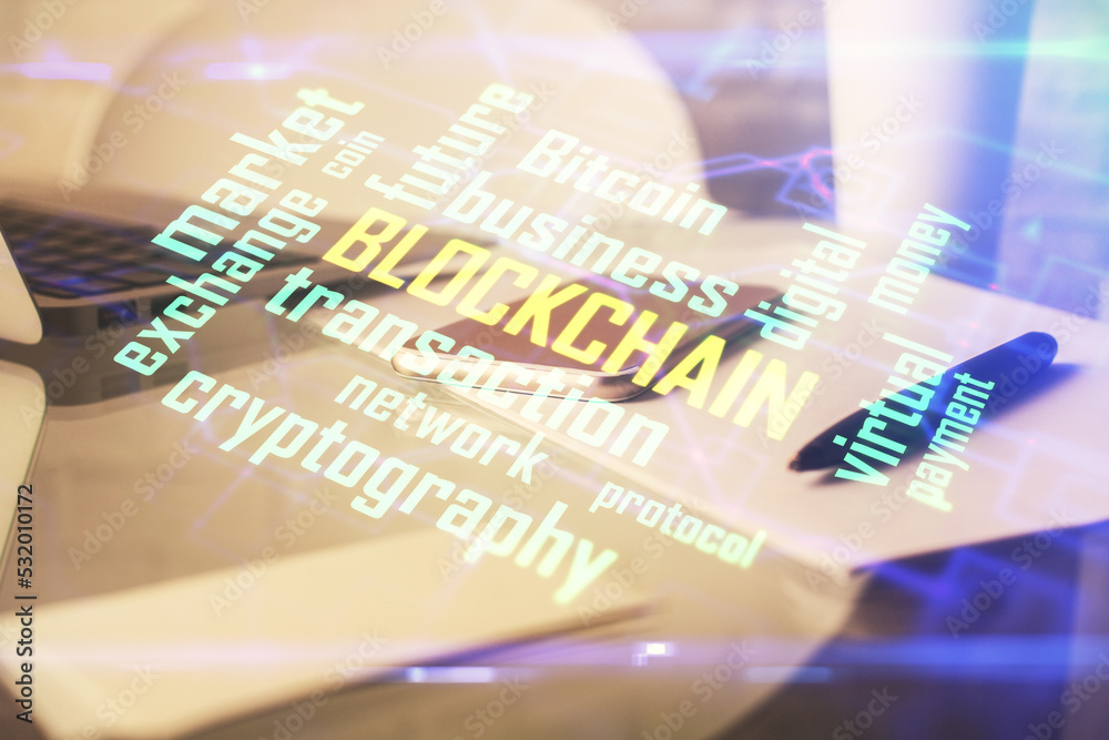 Aufkleber double exposure of blockchain theme drawing and cell phone background. concept of cryptomarket