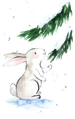 Obraz premium Watercolor illustration with a hare sitting under a fir tree under snowfall.