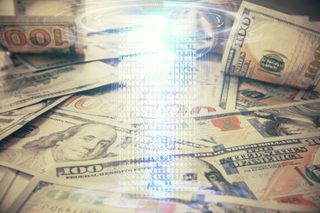 Double exposure of data theme drawing over us dollars bill background. Technology concept.