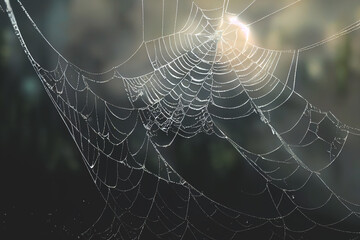 Spider web with water drops, sunset light. Gloomy natural background with a spider and cobwebs. 3D illustration.