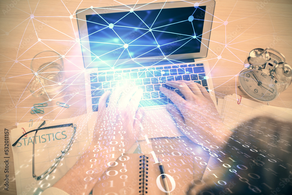 Aufkleber Double exposure of man's hands typing over computer keyboard and data theme hologram drawing. Top view. Technology concept.