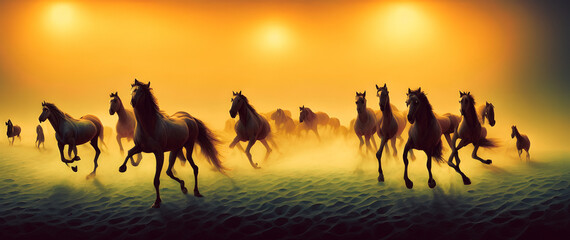 Artistic concept painting of horses, background 3d illustration.