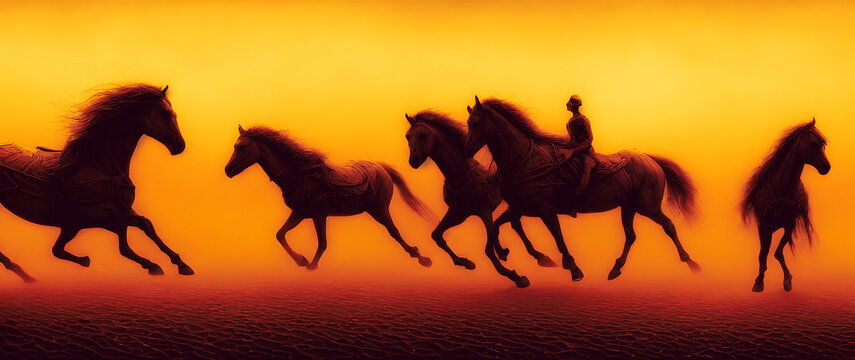 Artistic concept painting of horses, background 3d illustration.