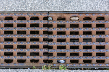 Rusty cast-iron grate closes a drainage channel on one of Dresden's city streets.