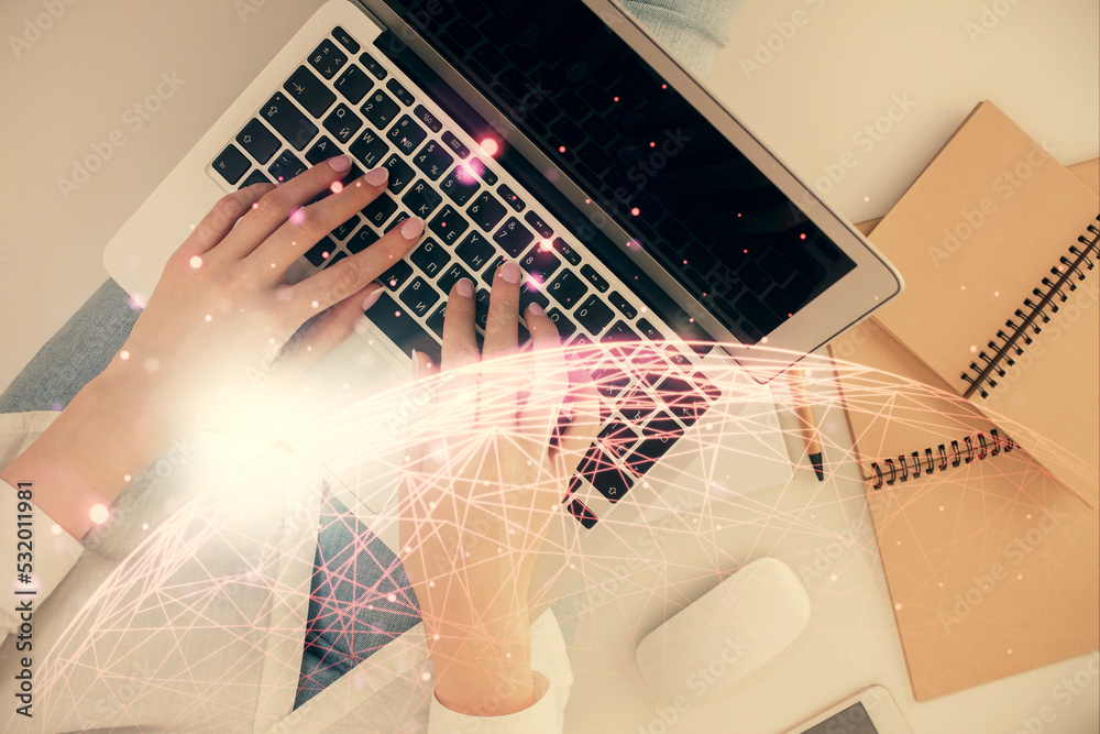 Poster double exposure of woman hands working on computer and social network theme hologram drawing. top vi