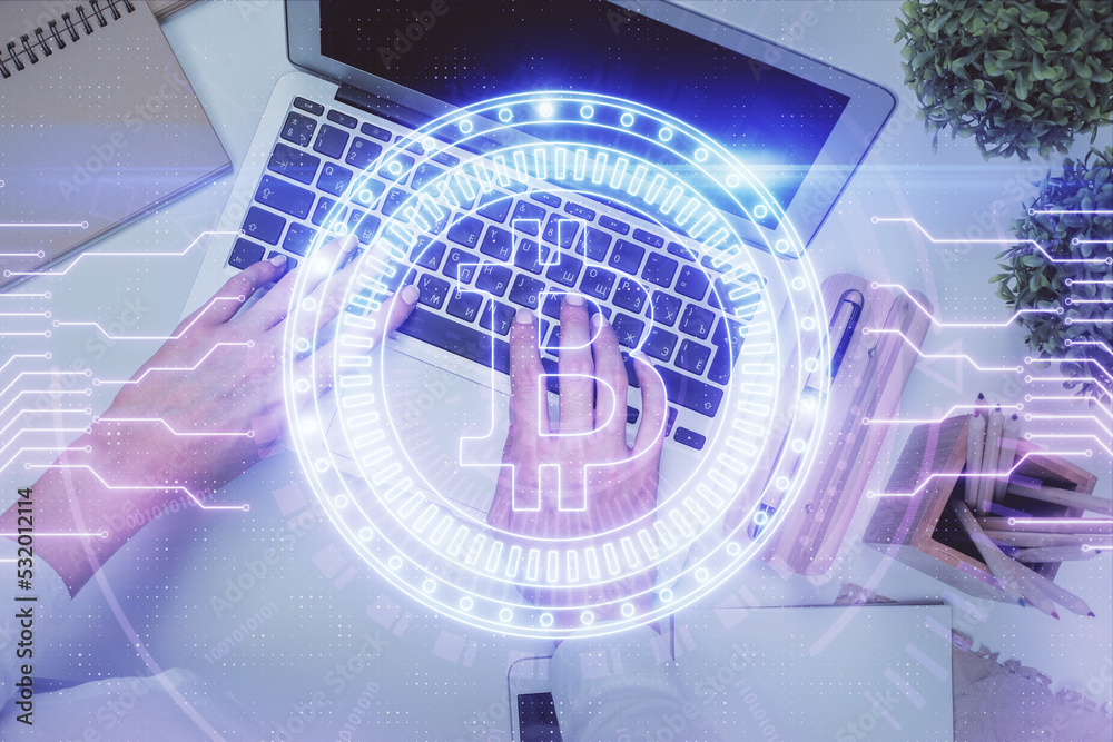Poster double exposure of woman hands working on computer and blockchain theme hologram drawing. top view. 