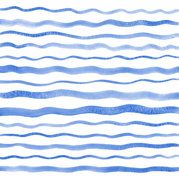 Watercolor textured waves background, pattern. Hand drawn uneven navy blue wavy, curved lines, stripes with watercolour stains. Sea, marine borders, frame template, painted texture.