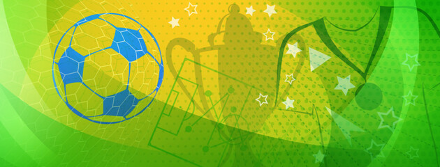 Abstract background on a football theme with big ball and other soccer symbols in national colors of Brazil © Olga Moonlight