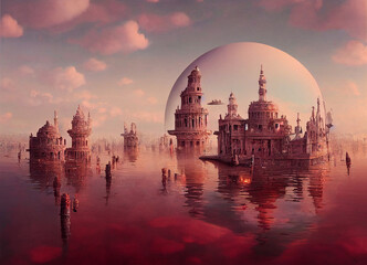 fantasy floating city on water, pastel tones, digital art