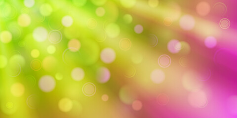 Abstract background in green and purple colors with diverging rays of light and small translucent circles with bokeh effect