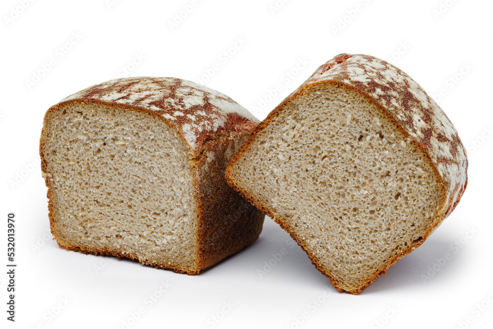 Wall mural two halves of brick rye bread on an isolated white background