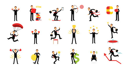 Successful Businessman Character in Black Suit Engaged in Different Activity Vector Big Set