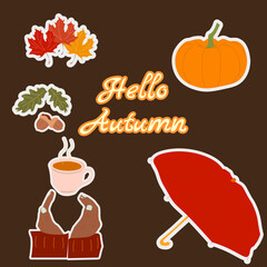 Collection of autumn stickers. Set of autumn  illustrations. Fall season. Fall leaves, pumpkin, cup of tea, umbrella