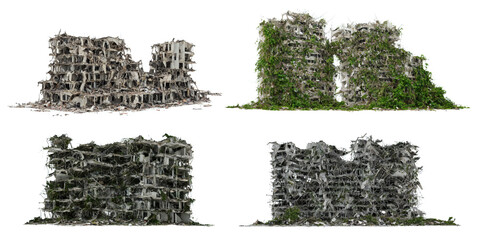 set of ruined buildings, overgrown post-apocalyptic buildings isolated on white background