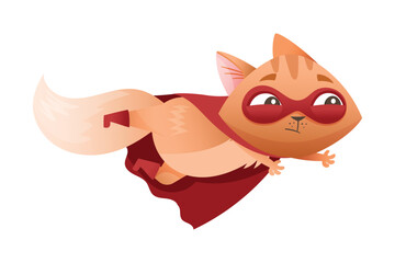 Ginger Cat Superhero Character Wearing Red Cloak and Mask Rushing to Rescue Vector Illustration