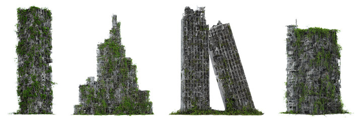 set of ruined overgrown skyscrapers, tall post-apocalyptic buildings isolated on white background - 532014719