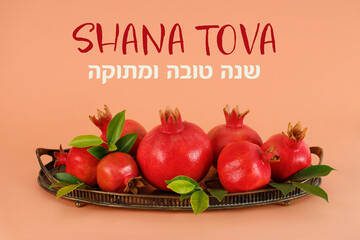 Greeting banner with symbols of Jewish holiday Rosh Hashana New Year. Blessing of Happy and sweet...