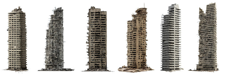 Fototapeta set of ruined skyscrapers, tall post-apocalyptic buildings isolated on white background obraz