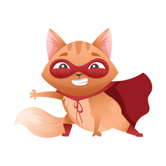 Ginger Cat Superhero Character Wearing Red Cloak and Mask Vector Illustration