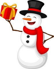 Vector illustration of a happy, smiling snowman holding a brightly colored wrapped gift. 