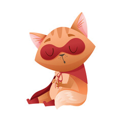 Ginger Cat Superhero Character Wearing Red Cloak and Mask Sleeping Vector Illustration