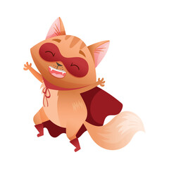 Ginger Cat Superhero Character Wearing Red Cloak and Mask Cheering Vector Illustration