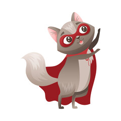 Grey Cat Superhero Character Wearing Red Cloak and Mask Climbing Vector Illustration