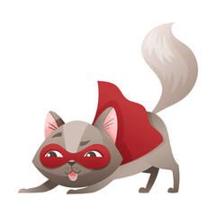 Grey Cat Superhero Character Wearing Red Cloak and Mask Growling Vector Illustration