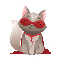 Grey Cat Superhero Character Wearing Red Cloak and Mask Sitting Vector Illustration