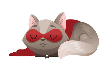 Grey Cat Superhero Character Wearing Red Cloak and Mask Sleeping Vector Illustration