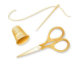 Sewing Set, Vintage Gold Engraved Scissors,  Antique Thimble, Needle and Thread, for needlework, sewing, tailoring, quilting, textile arts, do it yourself crafts, isolated on white background. 