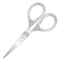 Silver Embroidery Scissors, antique engraved, for needlework, sewing, tailoring, quilting and textile arts and crafts, isolated on a white background. 