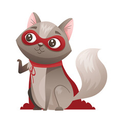 Grey Cat Superhero Character Wearing Red Cloak and Mask Sitting with Raised Paw Vector Illustration