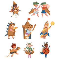 Happy Children in Homemade Cardboard Costume Playing and Having Fun Vector Set