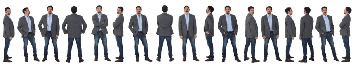 large line of same man wariouos poses on white background