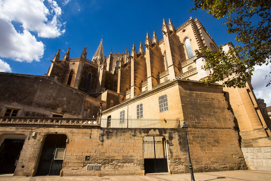 Manacor, Palma de Mallorca - Spain - September 15, 2022. Parish of Our Lady of Sorrows, It is a splendid temple, from the 19th century, in neo-Gothic style and with a beautiful adjoining tower
