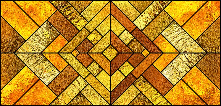 Gold stained glass window. Geometric stained-glass background. Art Deco abstract golden decor for interior. Modern 3d pattern with optical illusions. Luxury modern interior. Transparency.