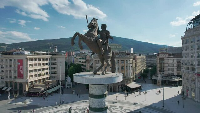 View of Macedonia Square in Skopje with a monument of Alexander the Great, aerial shot