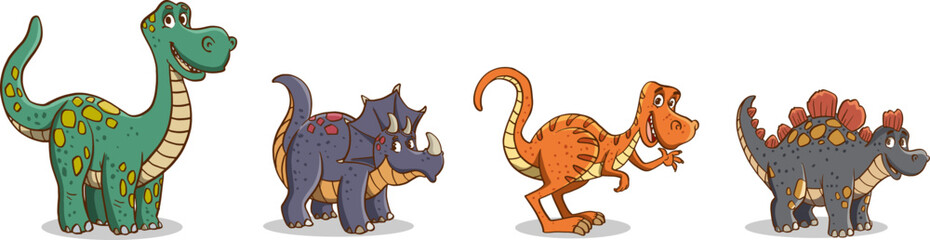 Group of funny cartoon dinosaurs.