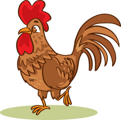 Cartoon rooster stands on one leg, vector illustration
