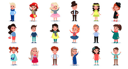 Little Girl and Boy Characters Dressed in Fashionable Garment Vector Big Set