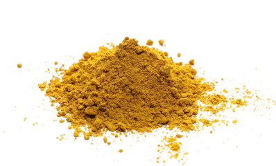 Curry pile, mix ground turmeric, fenugreek, coriander, ginger, cumin, allspice, chili, nutmeg, cardamom isolated  on white