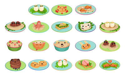 Kids Food Served on Plate in Shapes of Animal Muzzle Big Vector Set
