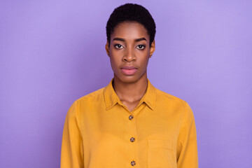 Photo of young woman man smart wear modern outfit manger representative isolated over purple color...