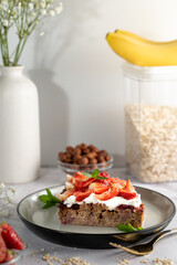 oatmeal pie on the table, healthy breakfast ingredients